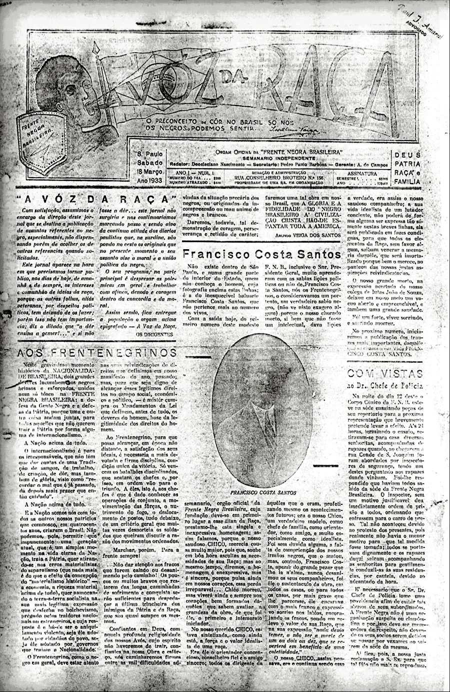 Primeira edição do jornal A Voz da Raça, publicada em 18 de março de 1933